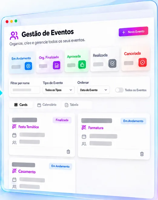 Tela de gestão de eventos com eventos organizados por status.