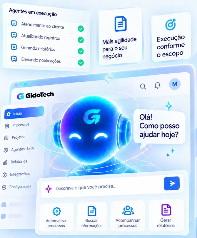 Painel de agentes de IA em execução, com assistente virtual da GidoTech (interface ilustrativa).