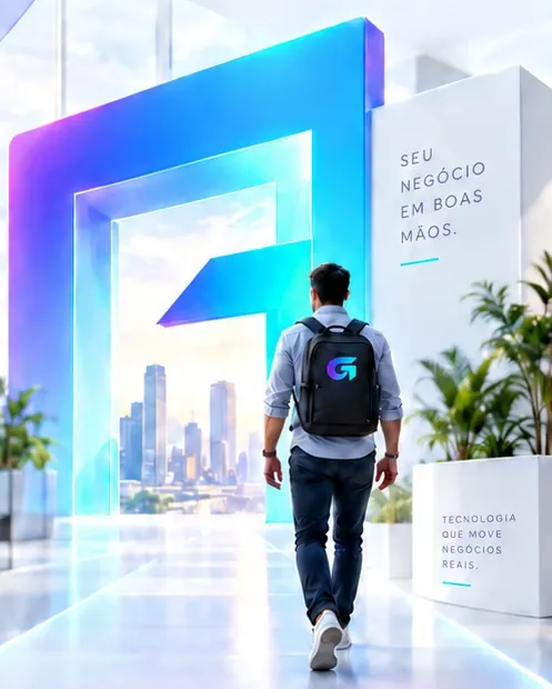 Profissional atravessando o portal da GidoTech em direção à cidade.